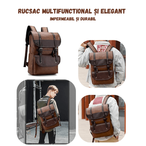Rucsac laptop si Calatorii, Exterior PU, Impermeabil, Buzunare multiple, Inchidere femoar si capse, Maro