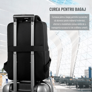 Rucsac pentru laptop, Versatyx, Port USB, Waterproof, Suport troler, Bareta reglabila, Negru