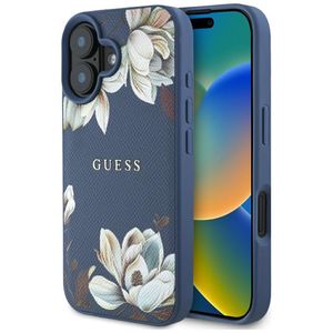 Husa pentru iPhone 16 - Guess Grained Flowers MagSafe (GUHMP16SPGNMPLMB) - Albastru