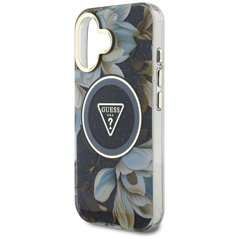 Laptop, Telefoane si Tablete - Telefoane mobile si accesorii - Accesorii Telefoane - Huse telefoane - Husa pentru iPhone 16 - Guess IML Metal Glitter Flowers Triangle MagSafe (GUHMP16SHFLPEDK) - Negru - Infinity.ro