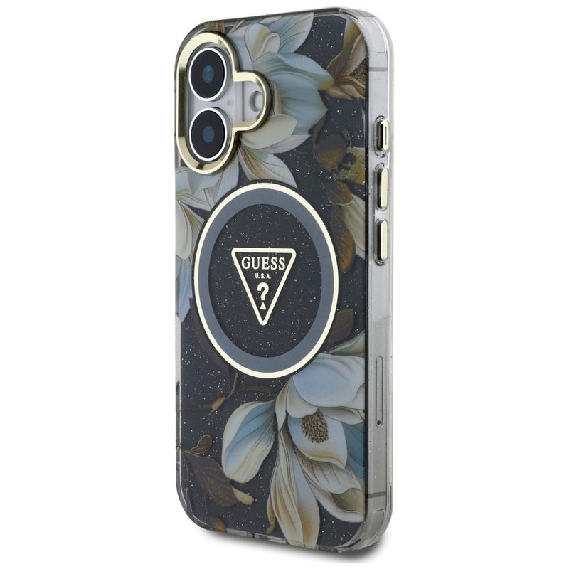 Laptop, Telefoane si Tablete - Telefoane mobile si accesorii - Accesorii Telefoane - Huse telefoane - Husa pentru iPhone 16 - Guess IML Metal Glitter Flowers Triangle MagSafe (GUHMP16SHFLPEDK) - Negru - Infinity.ro