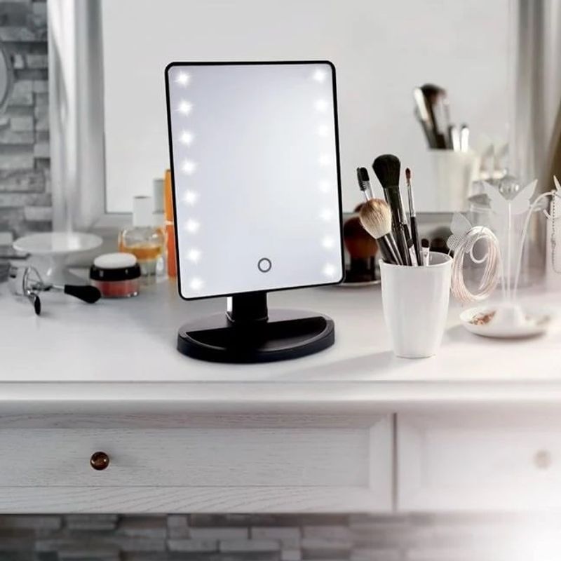 Casa si Gradina - Decoratiuni - Oglinzi - Oglinda Machiaj cu16 Becuri LED, plastic, 17x27cm, negru - Infinity.ro