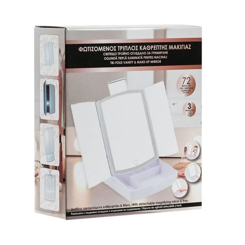 Casa si Gradina - Decoratiuni - Oglinzi - Oglinda Tripla Pliabila pentru Machiaj, 72 de Becuri LED, USB, 20x22x26cm, alb - Infinity.ro