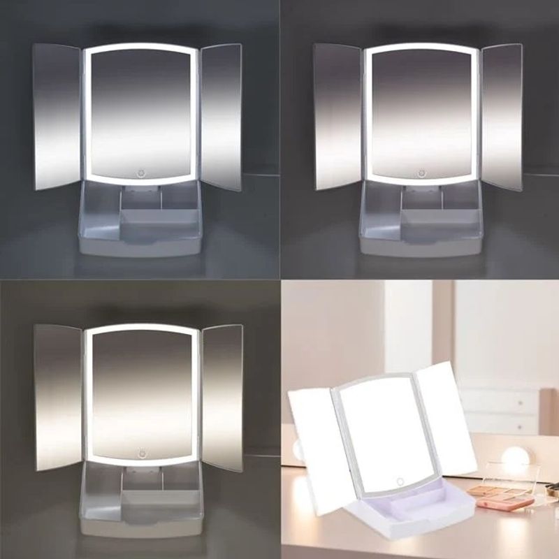 Casa si Gradina - Decoratiuni - Oglinzi - Oglinda Tripla Pliabila pentru Machiaj, 72 de Becuri LED, USB, 20x22x26cm, alb - Infinity.ro