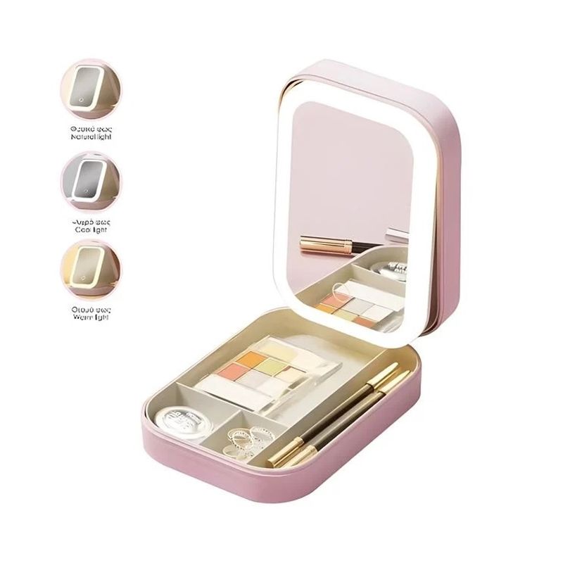 Ingrijire personala si Cosmetice - Machiaj - Oglinzi cosmetice - Portfard cu Oglinda si Lumina LED, pentru Machiaj, 11.5x16.5x6cm, roz - Infinity.ro