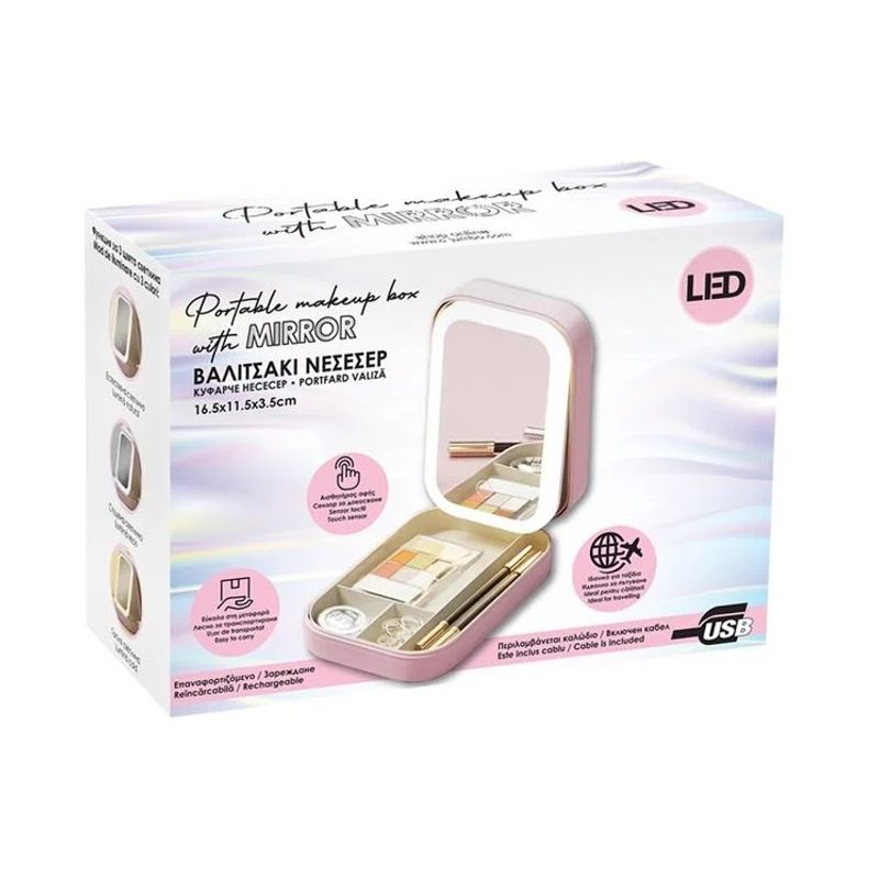 Ingrijire personala si Cosmetice - Machiaj - Oglinzi cosmetice - Portfard cu Oglinda si Lumina LED, pentru Machiaj, 11.5x16.5x6cm, roz - Infinity.ro