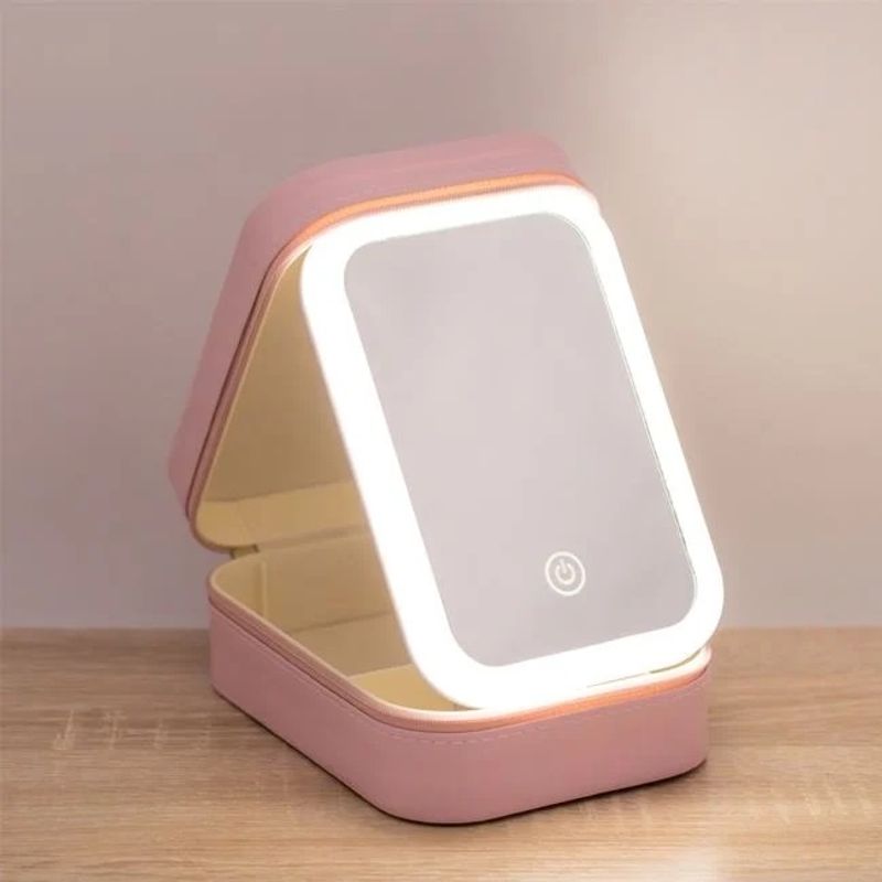 Ingrijire personala si Cosmetice - Machiaj - Oglinzi cosmetice - Portfard cu Oglinda si Lumina LED, pentru Machiaj, 11.5x16.5x6cm, roz - Infinity.ro