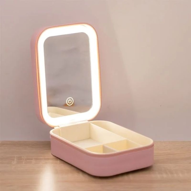 Ingrijire personala si Cosmetice - Machiaj - Oglinzi cosmetice - Portfard cu Oglinda si Lumina LED, pentru Machiaj, 11.5x16.5x6cm, roz - Infinity.ro