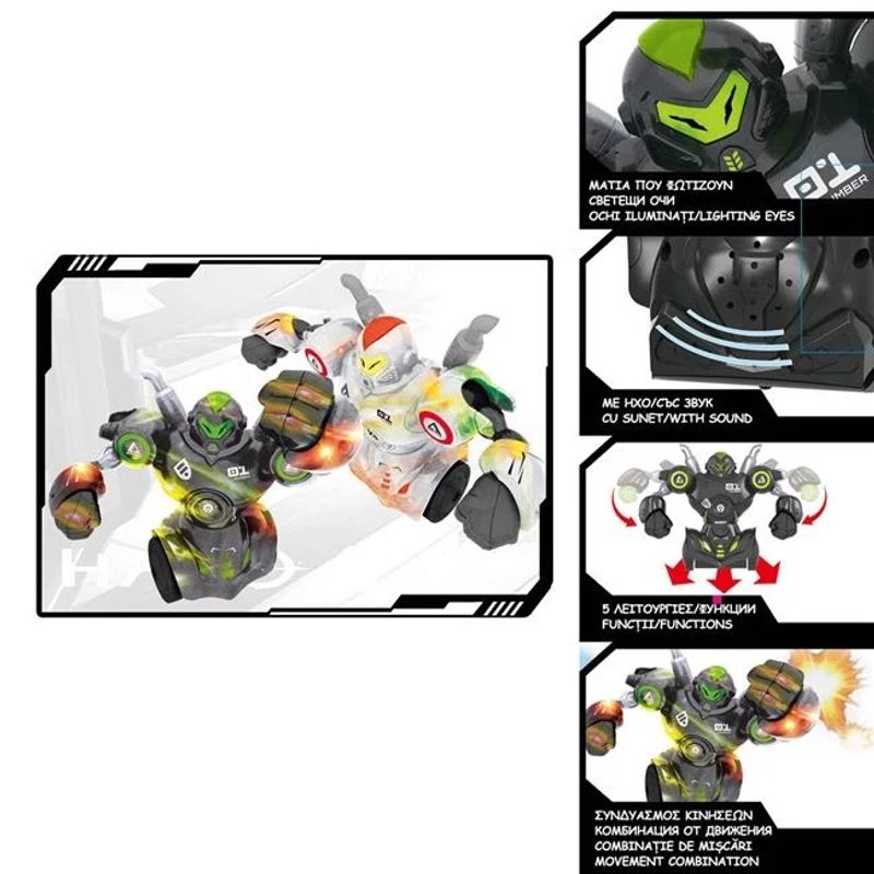 Jucarii, Copii si Bebe - Jucarii si jocuri - Vehicule si jucarii cu telecomanda - Roboti de jucarie - Set de lupta cu 2 roboti, cu telecomanda, lumina si sunete, 54x10.5x30.5cm, alb-negru - Infinity.ro