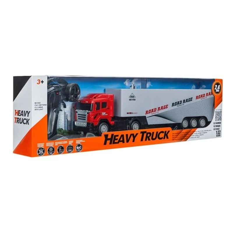 Jucarii, Copii si Bebe - Jucarii si jocuri - Vehicule si jucarii cu telecomanda - Utilaje constructie de jucarie - Camion cu container glisant, cu telecomanda si lumini colorate, 70x9.5x19cm, rosu-gri - Infinity.ro