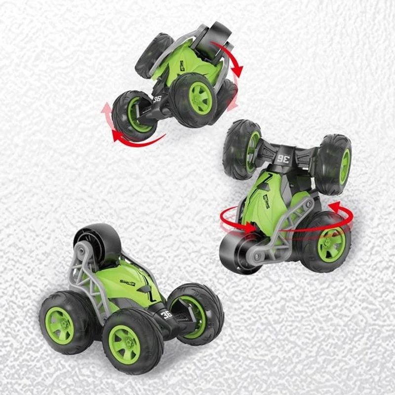 Jucarii, Copii si Bebe - Jucarii si jocuri - Vehicule si jucarii cu telecomanda - Masinute - Masina cu telecomanda, functie rostogolire la 360 grade, cu lumina verde, 27x17x18cm, verde-negru - Infinity.ro
