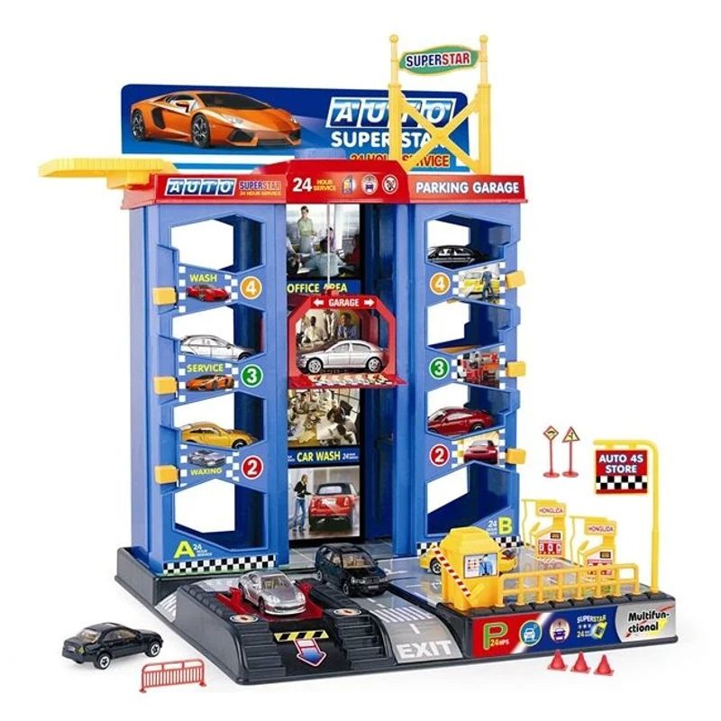 Jucarii, Copii si Bebe - Jucarii si jocuri - Vehicule si jucarii cu telecomanda - Masinute - Set de joaca format din garaj si vehicule, cu 4 nivele si locuri pentru masini, multicolor - Infinity.ro