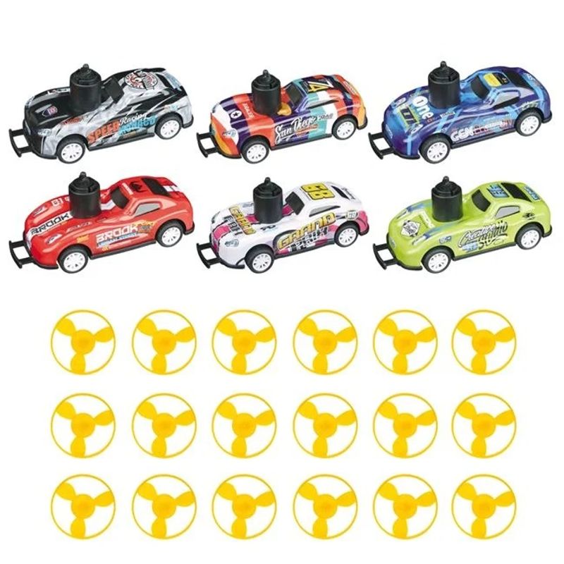 Jucarii, Copii si Bebe - Jucarii si jocuri - Vehicule si jucarii cu telecomanda - Masinute - Set masini metalice cu fanta si sistem de lansare discuri, cu 6 masini si 18 discuri, 35x35x5cm, multicolor - Infinity.ro