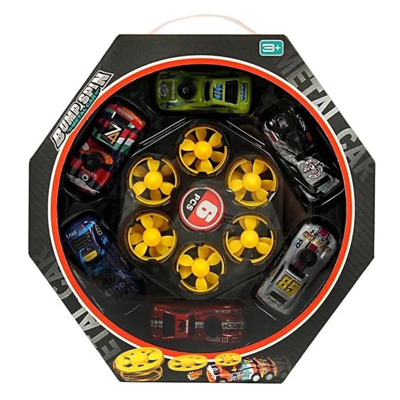 Jucarii, Copii si Bebe - Jucarii si jocuri - Vehicule si jucarii cu telecomanda - Masinute - Set masini metalice cu fanta si sistem de lansare discuri, cu 6 masini si 18 discuri, 35x35x5cm, multicolor - Infinity.ro