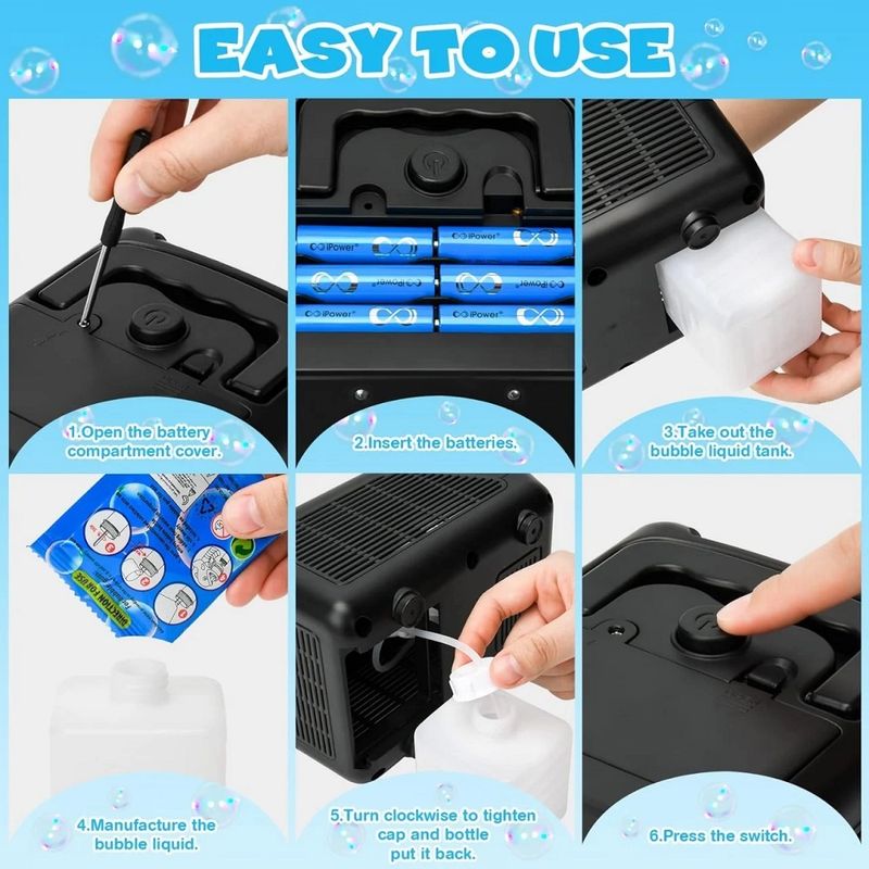 Jucarii, Copii si Bebe - Jucarii si jocuri - Jucarii & jocuri educative - Jucarii interactive - Masina electrica de facut baloane din sapun, lumini LED, 2 viteze, 200ml, 12000 de baloane/min, 12x13x19cm, negru/alb - Infinity.ro