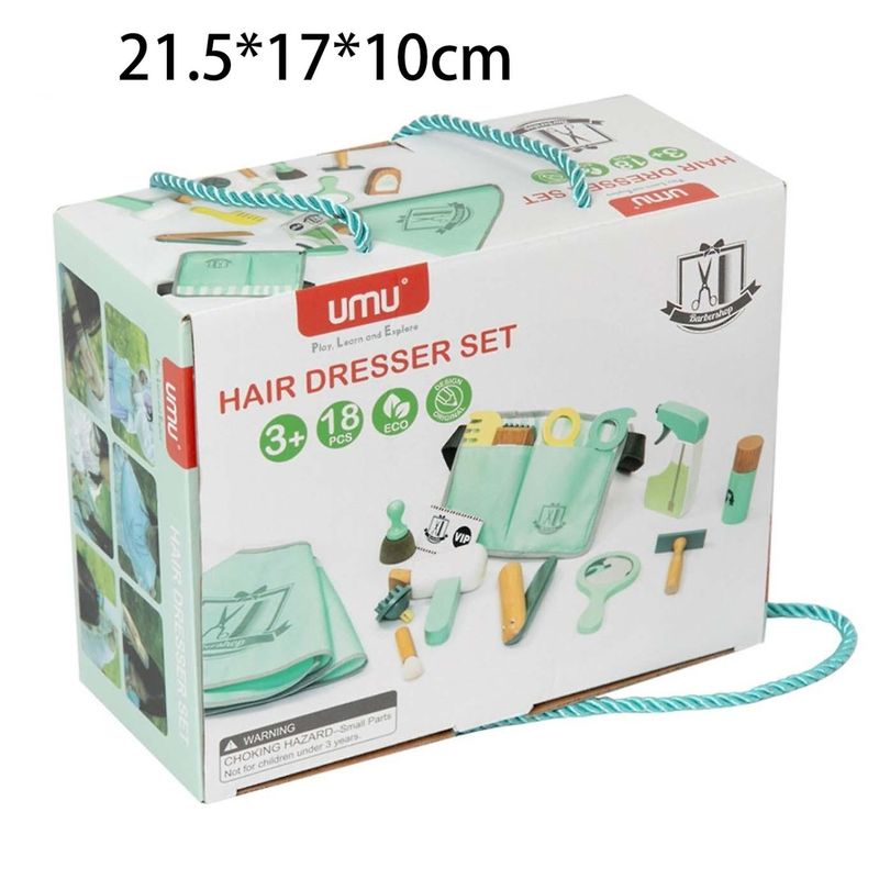 Jucarii, Copii si Bebe - Jucarii si jocuri - Jucarii & jocuri educative - Jucarii interactive - Set de joaca, frizer, din lemn, pentru copii 3 ani+, cu 16 accesorii, 21.5x17.10 cm, maro-albastru - Infinity.ro