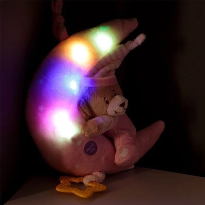 Jucarii, Copii si Bebe - Jucarii si jocuri - Jucarii bebelusi - Carusel patut - Semiluna agatatoare cu ursulet pentru patutul bebelusilor, sunete si lumina ambientala, Plastic si poliester, 23x14x24cm - Infinity.ro