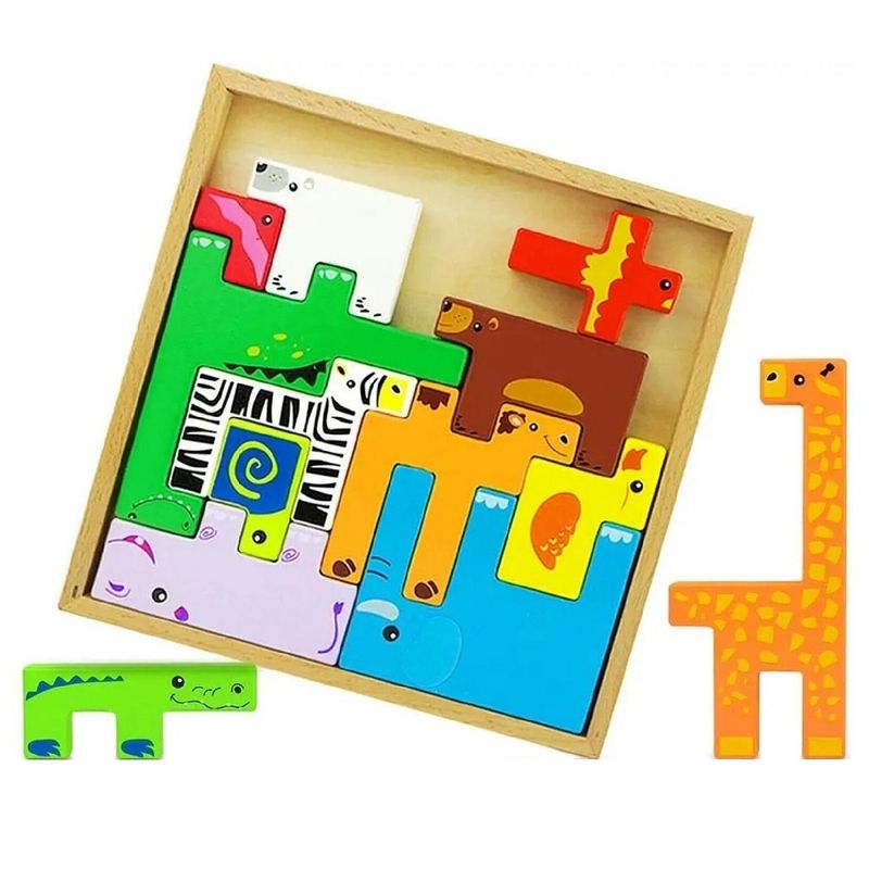 Jucarii, Copii si Bebe - Jucarii si jocuri - Jocuri si puzzle - Puzzle - Puzzle 3D cu 13 figurine animale, de stivuire, pentru copii 3 ani+, din lemn, 19.6x19.6x1.5 cm, multicolor - Infinity.ro