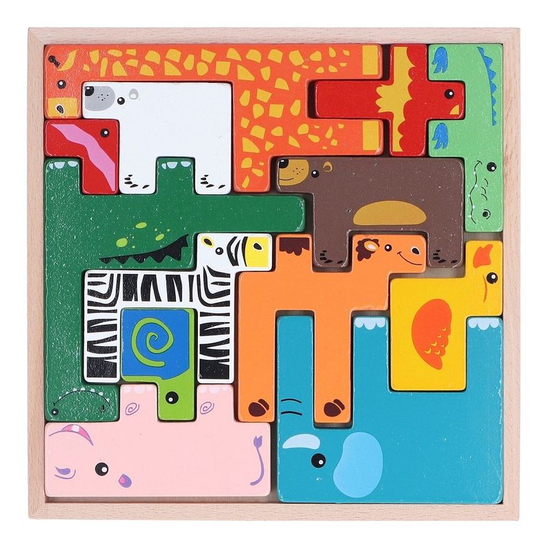 Jucarii, Copii si Bebe - Jucarii si jocuri - Jocuri si puzzle - Puzzle - Puzzle 3D cu 13 figurine animale, de stivuire, pentru copii 3 ani+, din lemn, 19.6x19.6x1.5 cm, multicolor - Infinity.ro