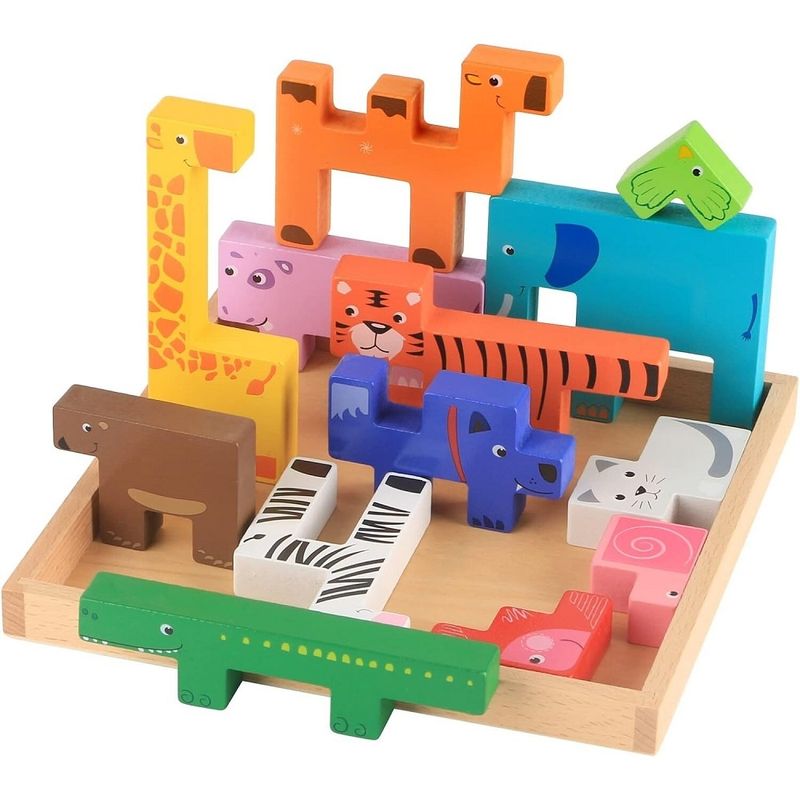 Jucarii, Copii si Bebe - Jucarii si jocuri - Jocuri si puzzle - Puzzle - Puzzle 3D cu 13 figurine animale, de stivuire, pentru copii 3 ani+, din lemn, 19.6x19.6x1.5 cm, multicolor - Infinity.ro