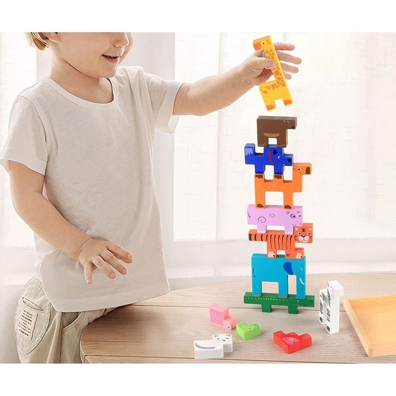 Jucarii, Copii si Bebe - Jucarii si jocuri - Jocuri si puzzle - Puzzle - Puzzle 3D cu 13 figurine animale, de stivuire, pentru copii 3 ani+, din lemn, 19.6x19.6x1.5 cm, multicolor - Infinity.ro