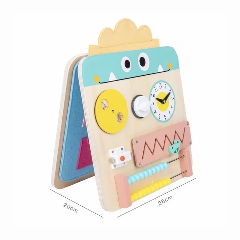 Jucarii, Copii si Bebe - Jucarii si jocuri - Jucarii bebelusi - Jucarii interactive bebelusi - Placa senzoriala cu 17 activitati, pliabila, pentru copii 3ani+, din lemn, 28x57cm, multicolor - Infinity.ro