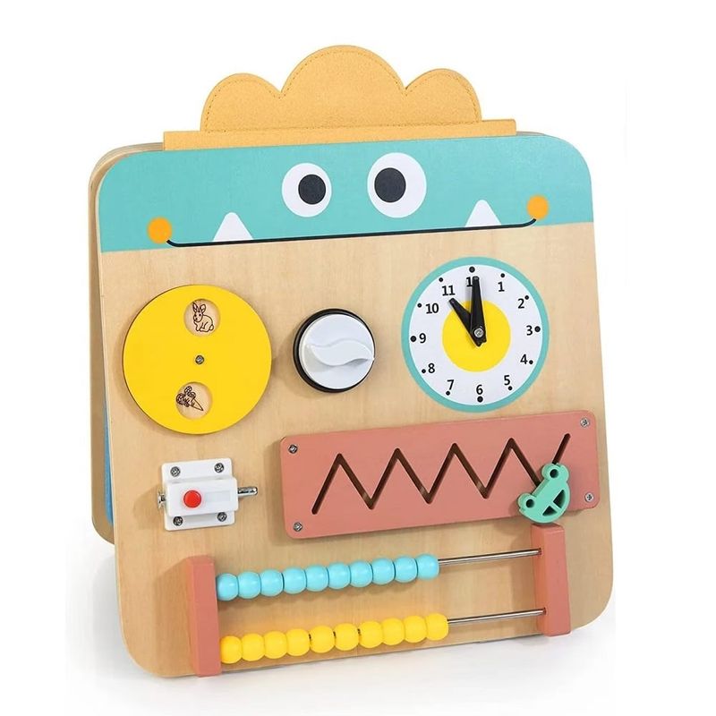 Jucarii, Copii si Bebe - Jucarii si jocuri - Jucarii bebelusi - Jucarii interactive bebelusi - Placa senzoriala cu 17 activitati, pliabila, pentru copii 3ani+, din lemn, 28x57cm, multicolor - Infinity.ro