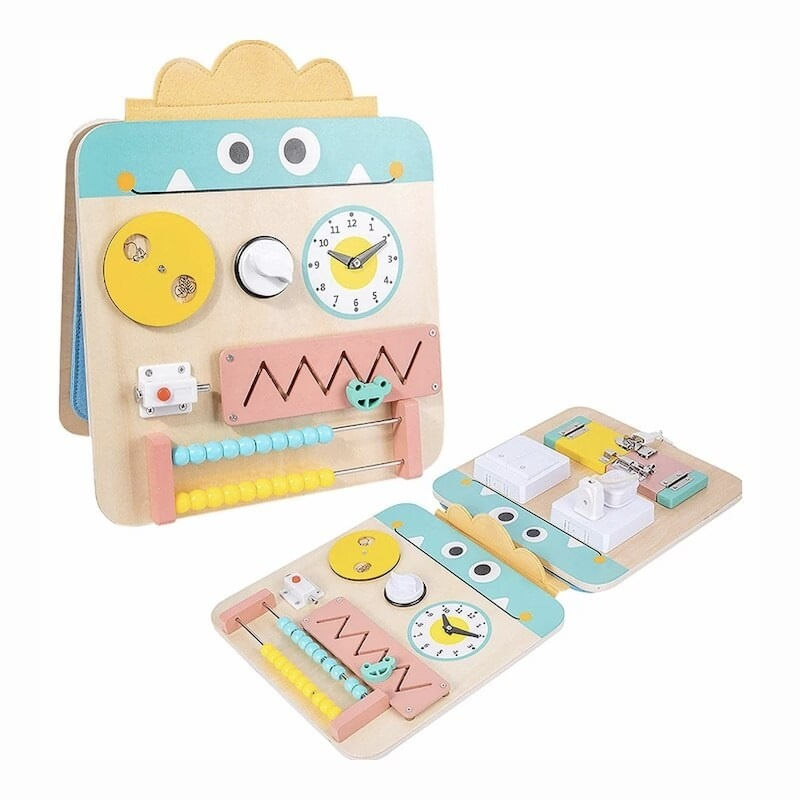 Jucarii, Copii si Bebe - Jucarii si jocuri - Jucarii bebelusi - Jucarii interactive bebelusi - Placa senzoriala cu 17 activitati, pliabila, pentru copii 3ani+, din lemn, 28x57cm, multicolor - Infinity.ro