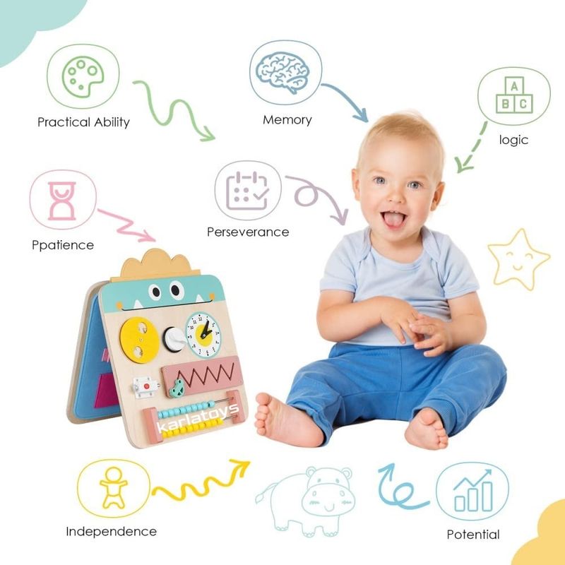 Jucarii, Copii si Bebe - Jucarii si jocuri - Jucarii bebelusi - Jucarii interactive bebelusi - Placa senzoriala cu 17 activitati, pliabila, pentru copii 3ani+, din lemn, 28x57cm, multicolor - Infinity.ro