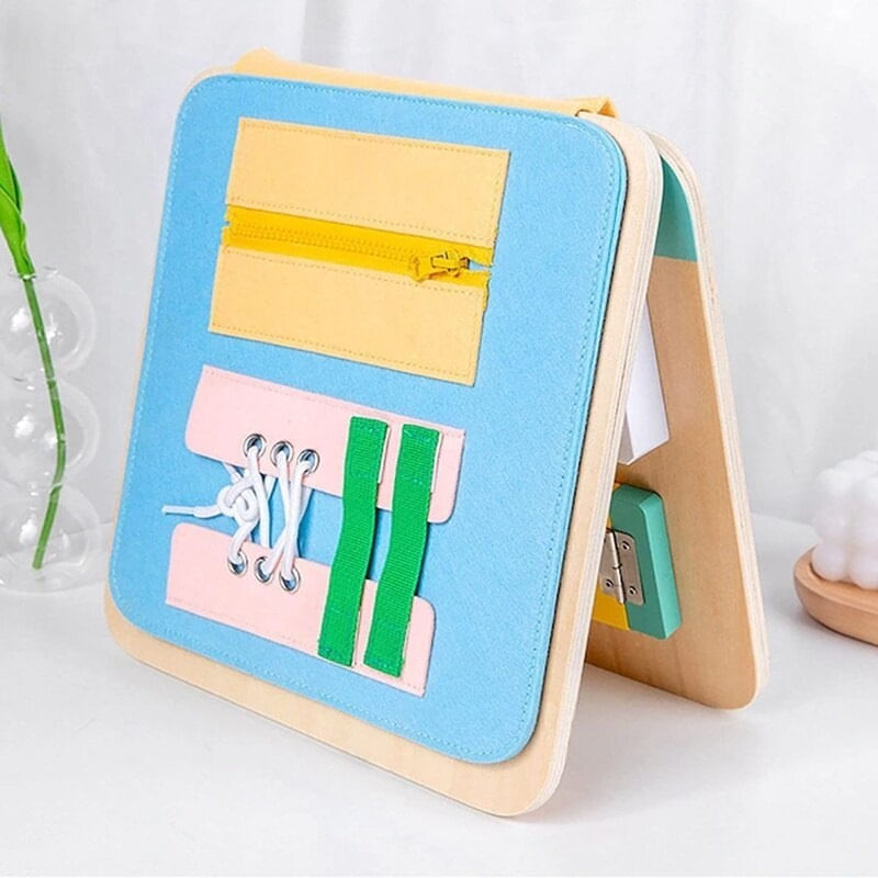 Jucarii, Copii si Bebe - Jucarii si jocuri - Jucarii bebelusi - Jucarii interactive bebelusi - Placa senzoriala cu 17 activitati, pliabila, pentru copii 3ani+, din lemn, 28x57cm, multicolor - Infinity.ro