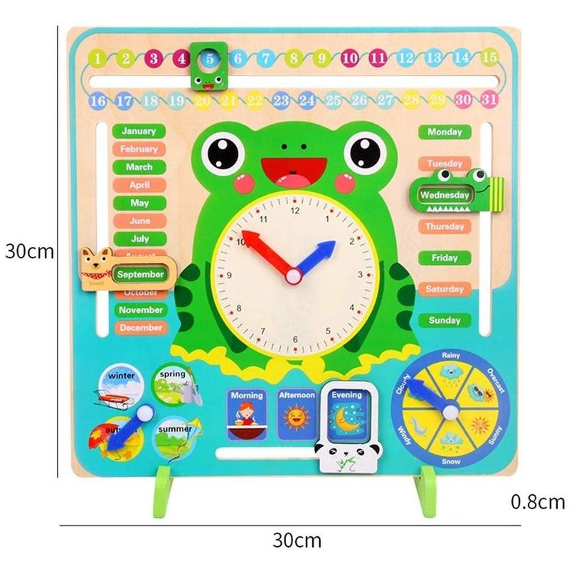 Jucarii, Copii si Bebe - Jucarii si jocuri - Jucarii & jocuri educative - Jucarii interactive - Calendar si ceas pentru copii 3 ani+, model broasca, din lemn si plastic, 30x30x0.8 cm, multicolor - Infinity.ro