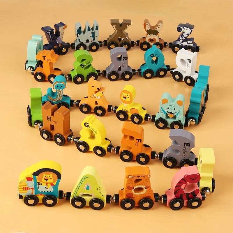 Jucarii, Copii si Bebe - Jucarii si jocuri - Vehicule si jucarii cu telecomanda - Trenulete de jucarie - Trenulet cu 26 de vagoane magnetice, cu litere si animale, pentru copii 3 ani+, din lemn, multicolor - Infinity.ro