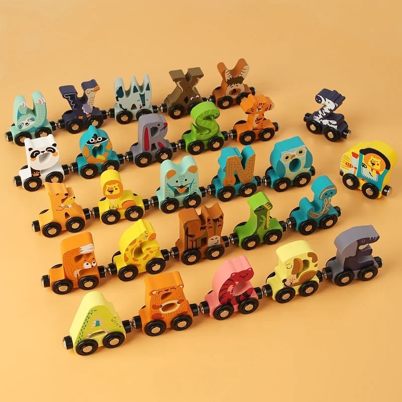 Jucarii, Copii si Bebe - Jucarii si jocuri - Vehicule si jucarii cu telecomanda - Trenulete de jucarie - Trenulet cu 26 de vagoane magnetice, cu litere si animale, pentru copii 3 ani+, din lemn, multicolor - Infinity.ro