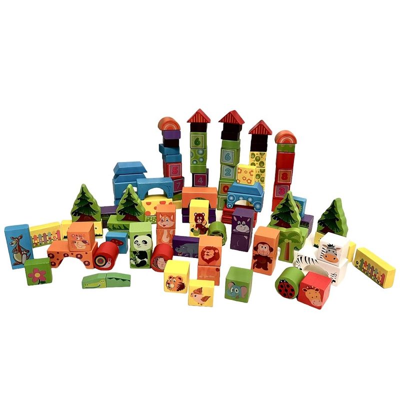 Jucarii, Copii si Bebe - Jucarii si jocuri - Seturi de constructie si cuburi - Seturi de constructie - Set constructie cu 102 cuburi din lemn, animalele si mediul inconjurator, pentru copii 3 ani+, multicolor - Infinity.ro