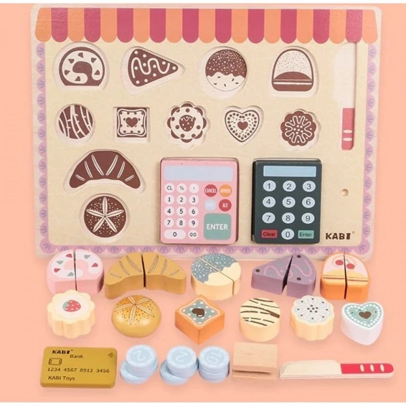 Jucarii, Copii si Bebe - Jucarii si jocuri - Jucarii & jocuri educative - Jucarii interactive - Joc de rol pentru copii 3 ani+, cu accesorii cofetarie, cu 16 piese din lemn, portabil, 30x22 cm, multicolor - Infinity.ro