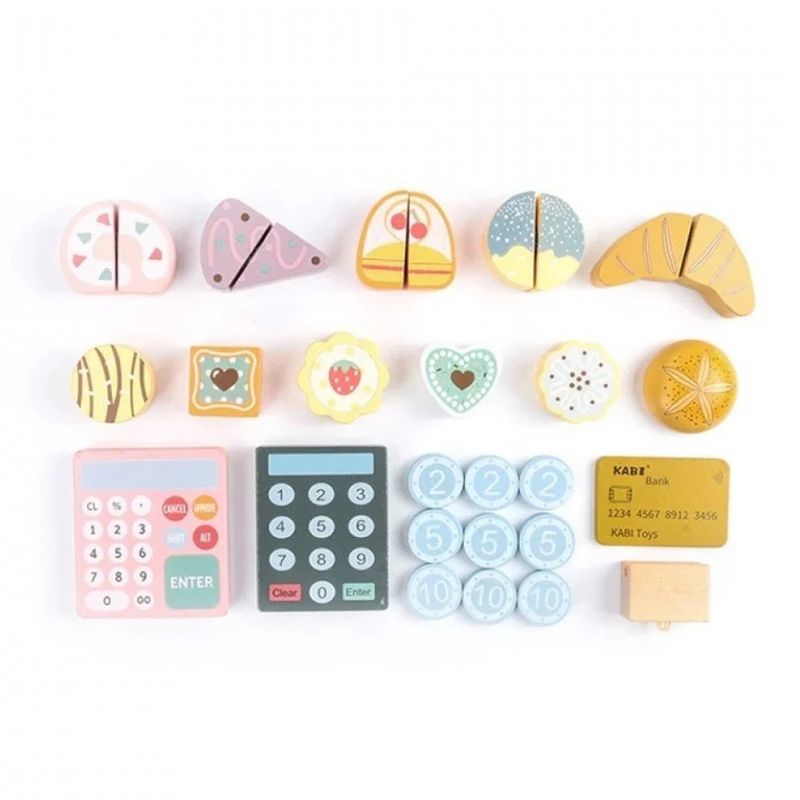 Jucarii, Copii si Bebe - Jucarii si jocuri - Jucarii & jocuri educative - Jucarii interactive - Joc de rol pentru copii 3 ani+, cu accesorii cofetarie, cu 16 piese din lemn, portabil, 30x22 cm, multicolor - Infinity.ro