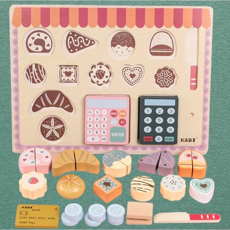 Jucarii, Copii si Bebe - Jucarii si jocuri - Jucarii & jocuri educative - Jucarii interactive - Joc de rol pentru copii 3 ani+, cu accesorii cofetarie, cu 16 piese din lemn, portabil, 30x22 cm, multicolor - Infinity.ro