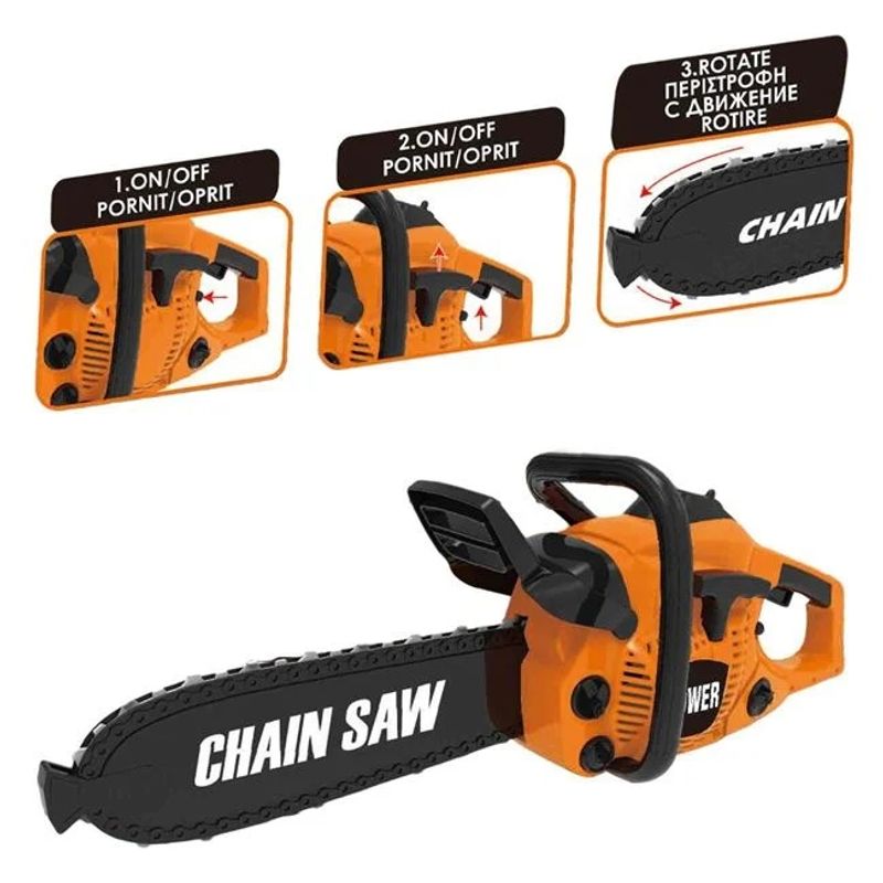 Jucarii, Copii si Bebe - Jucarii si jocuri - Jucarii & jocuri educative - Jucarii interactive - Jucarie drujba cu accesorii, buton de pornire-oprire si rotire a lantului, 58x14.5x21cm, portocaliu-negru - Infinity.ro