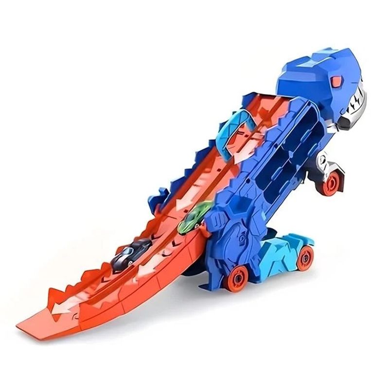 Jucarii, Copii si Bebe - Jucarii si jocuri - Vehicule si jucarii cu telecomanda - Utilaje constructie de jucarie - Pista pliabila cu camion in forma de dinozaur, cu 2 vehicule, 46x15x30cm, albastru - Infinity.ro