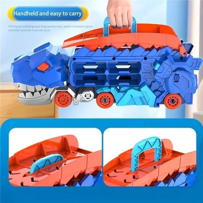 Jucarii, Copii si Bebe - Jucarii si jocuri - Vehicule si jucarii cu telecomanda - Utilaje constructie de jucarie - Pista pliabila cu camion in forma de dinozaur, cu 2 vehicule, 46x15x30cm, albastru - Infinity.ro