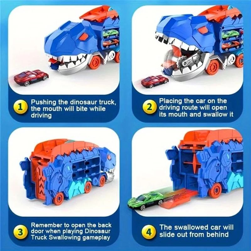 Jucarii, Copii si Bebe - Jucarii si jocuri - Vehicule si jucarii cu telecomanda - Utilaje constructie de jucarie - Pista pliabila cu camion in forma de dinozaur, cu 2 vehicule, 46x15x30cm, albastru - Infinity.ro