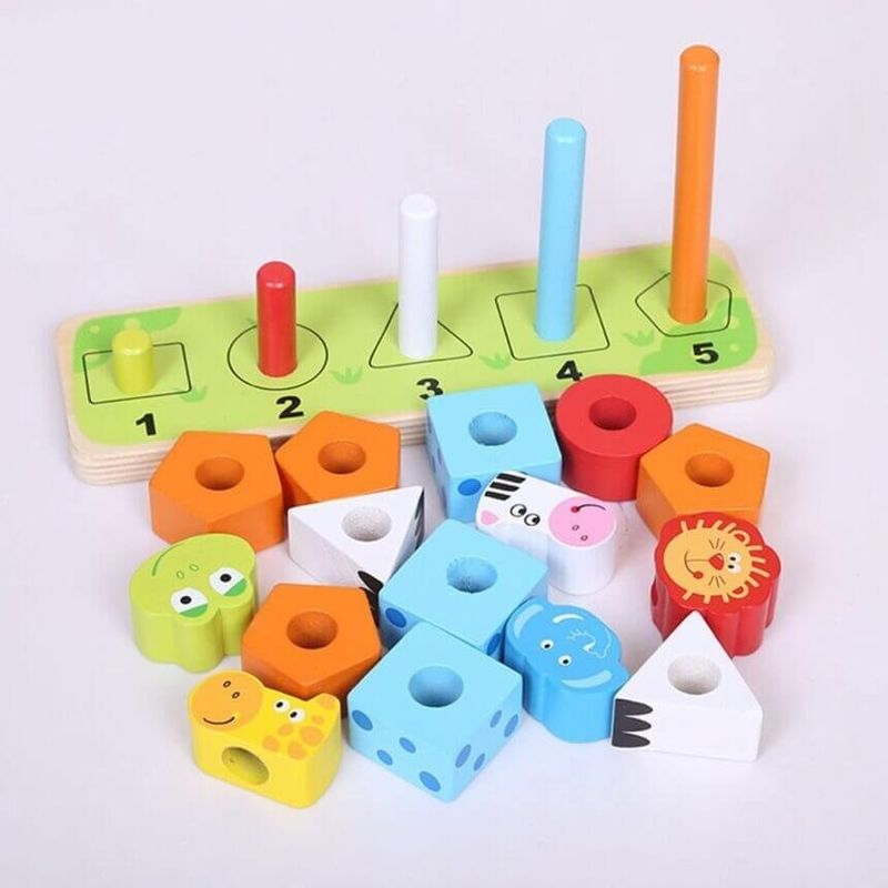 Jucarii, Copii si Bebe - Jucarii si jocuri - Jucarii bebelusi - Jucarii interactive bebelusi - Joc de stivuit animalute, cu 5 coloane, din lemn, pentru copii 3 ani+, 22x14x7 cm, multicolor - Infinity.ro