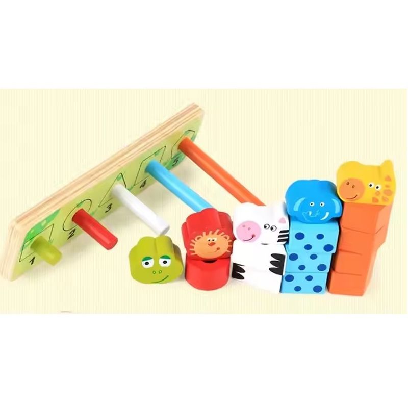 Jucarii, Copii si Bebe - Jucarii si jocuri - Jucarii bebelusi - Jucarii interactive bebelusi - Joc de stivuit animalute, cu 5 coloane, din lemn, pentru copii 3 ani+, 22x14x7 cm, multicolor - Infinity.ro