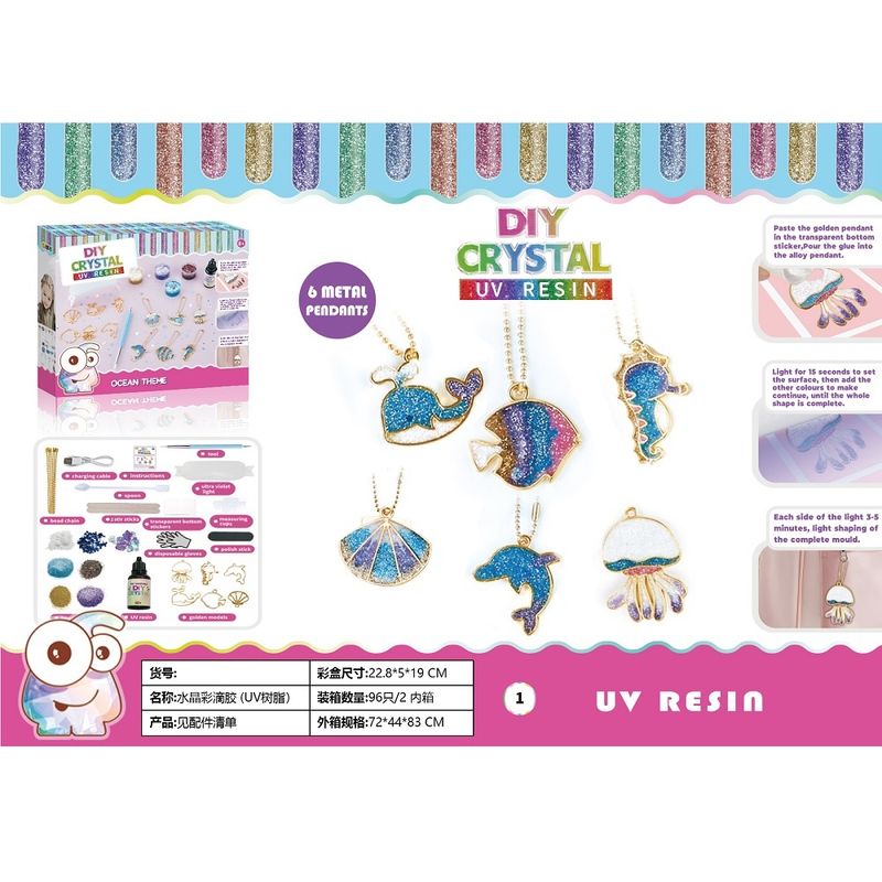 Jucarii, Copii si Bebe - Jucarii si jocuri - Jucarii de rol - Frumusete, bijuterii si accesorii fetite - Set DYI cu 6 pandative metalice, cu rasina UV, culori, sclipici, lant auriu, tematica Ocean, pentru copii 8 ani+ - Infinity.ro