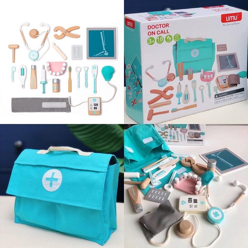 Jucarii, Copii si Bebe - Jucarii si jocuri - Jucarii & jocuri educative - Jocuri si jucarii educative - Joc educativ, trusa de doctor, din lemn, cu 18 accesorii, pentru copii 3 ani+, 19x22x8 cm, maro-albastru - Infinity.ro