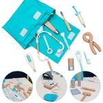 Jucarii, Copii si Bebe - Jucarii si jocuri - Jucarii & jocuri educative - Jocuri si jucarii educative - Joc educativ, trusa de doctor, din lemn, cu 18 accesorii, pentru copii 3 ani+, 19x22x8 cm, maro-albastru - Infinity.ro
