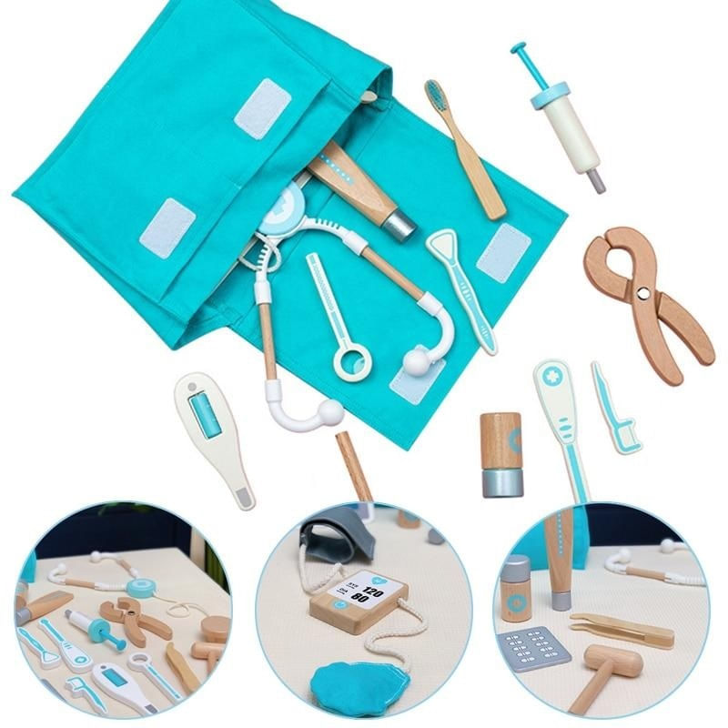 Jucarii, Copii si Bebe - Jucarii si jocuri - Jucarii & jocuri educative - Jocuri si jucarii educative - Joc educativ, trusa de doctor, din lemn, cu 18 accesorii, pentru copii 3 ani+, 19x22x8 cm, maro-albastru - Infinity.ro