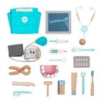 Jucarii, Copii si Bebe - Jucarii si jocuri - Jucarii & jocuri educative - Jocuri si jucarii educative - Joc educativ, trusa de doctor, din lemn, cu 18 accesorii, pentru copii 3 ani+, 19x22x8 cm, maro-albastru - Infinity.ro
