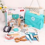 Jucarii, Copii si Bebe - Jucarii si jocuri - Jucarii & jocuri educative - Jocuri si jucarii educative - Joc educativ, trusa de doctor, din lemn, cu 18 accesorii, pentru copii 3 ani+, 19x22x8 cm, maro-albastru - Infinity.ro