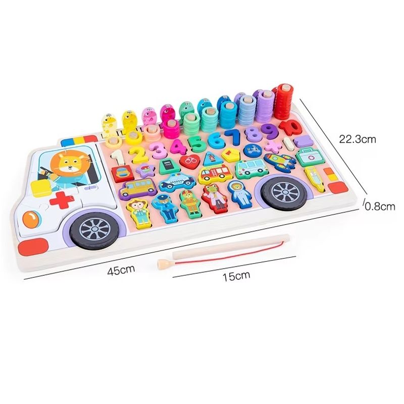 Jucarii, Copii si Bebe - Jucarii si jocuri - Jucarii & jocuri educative - Jocuri si jucarii educative - Jucarie educativa 6 in 1, cu multe accesorii, din lemn, pentru copii 3 ani+, 45x23 cm, multicolor - Infinity.ro